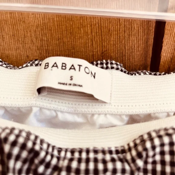 Aritzia Babaton Bandeau Ruffle Top Blouse Peplum Checkered Black White Size S - Picture 6 of 11